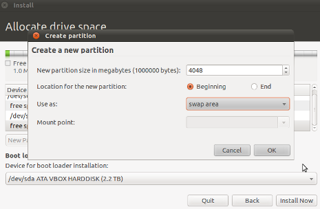 How to Install Ubuntu 10.10 - Creating Swap Partition sda2